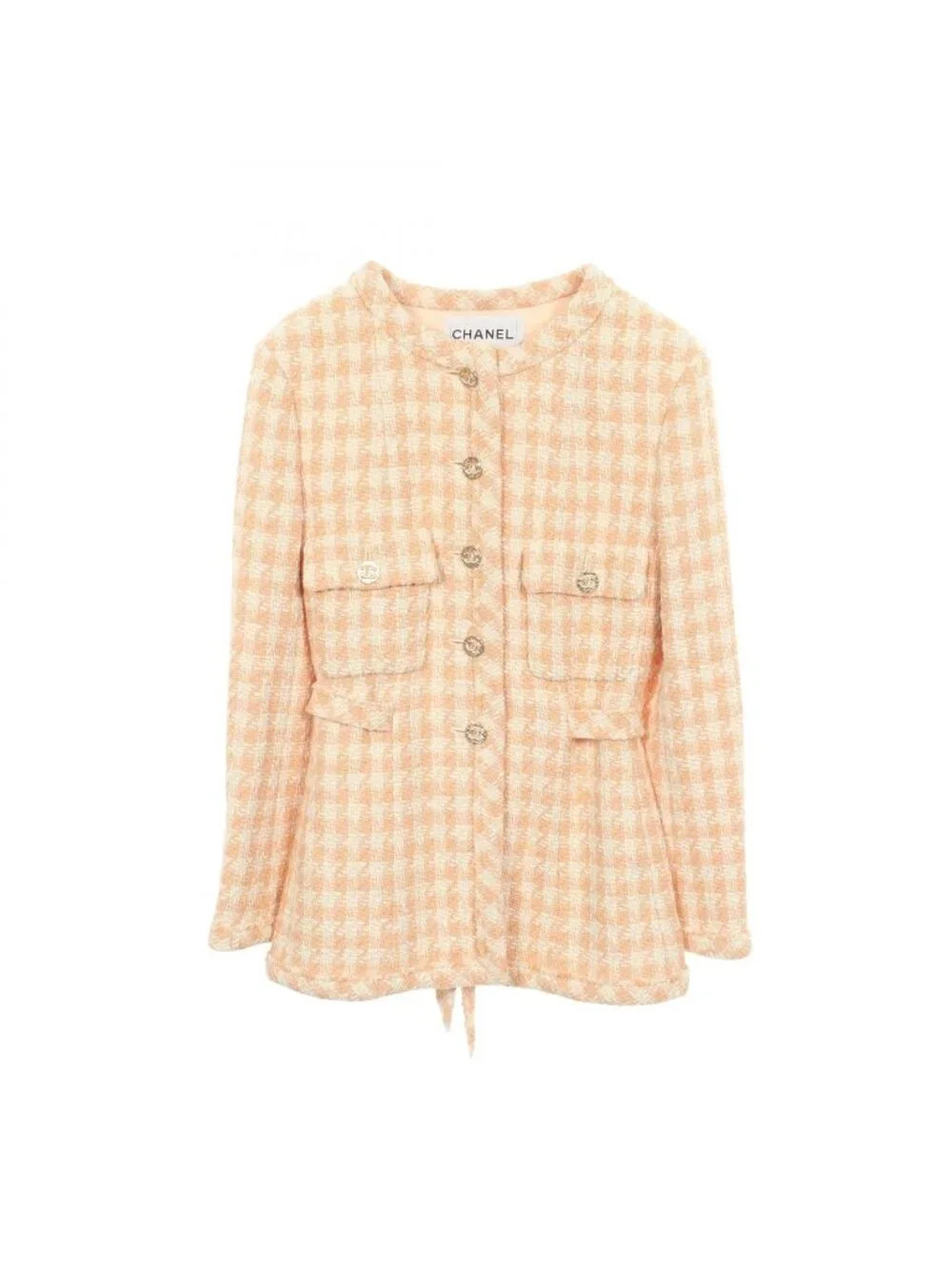 Chanel Collarless Jacket CC Logo Button Houndstooth Tweed Orange Cotton